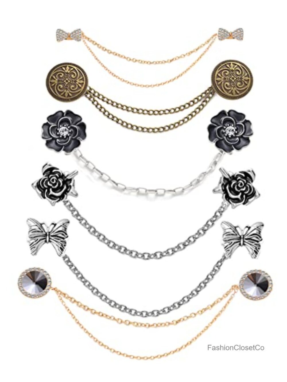 6 Pc Antique Sweater Shawl Clip Chain Rose Bowknot Brooch Pin Zinc Alloy